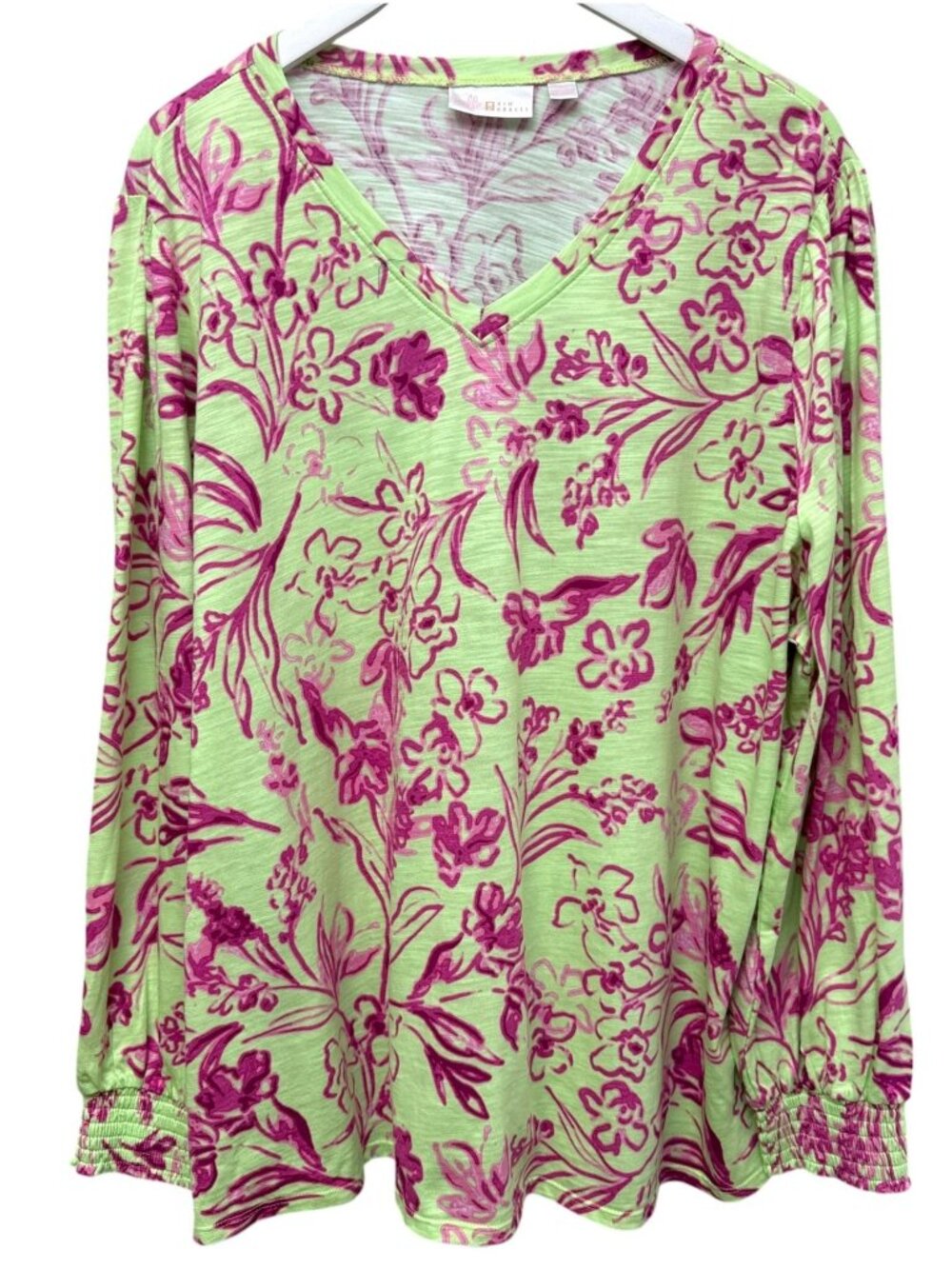 BELLE Kim Gravel Floral Top Womens Plus Size 2X Green Pink Balloon Sleeve Tee